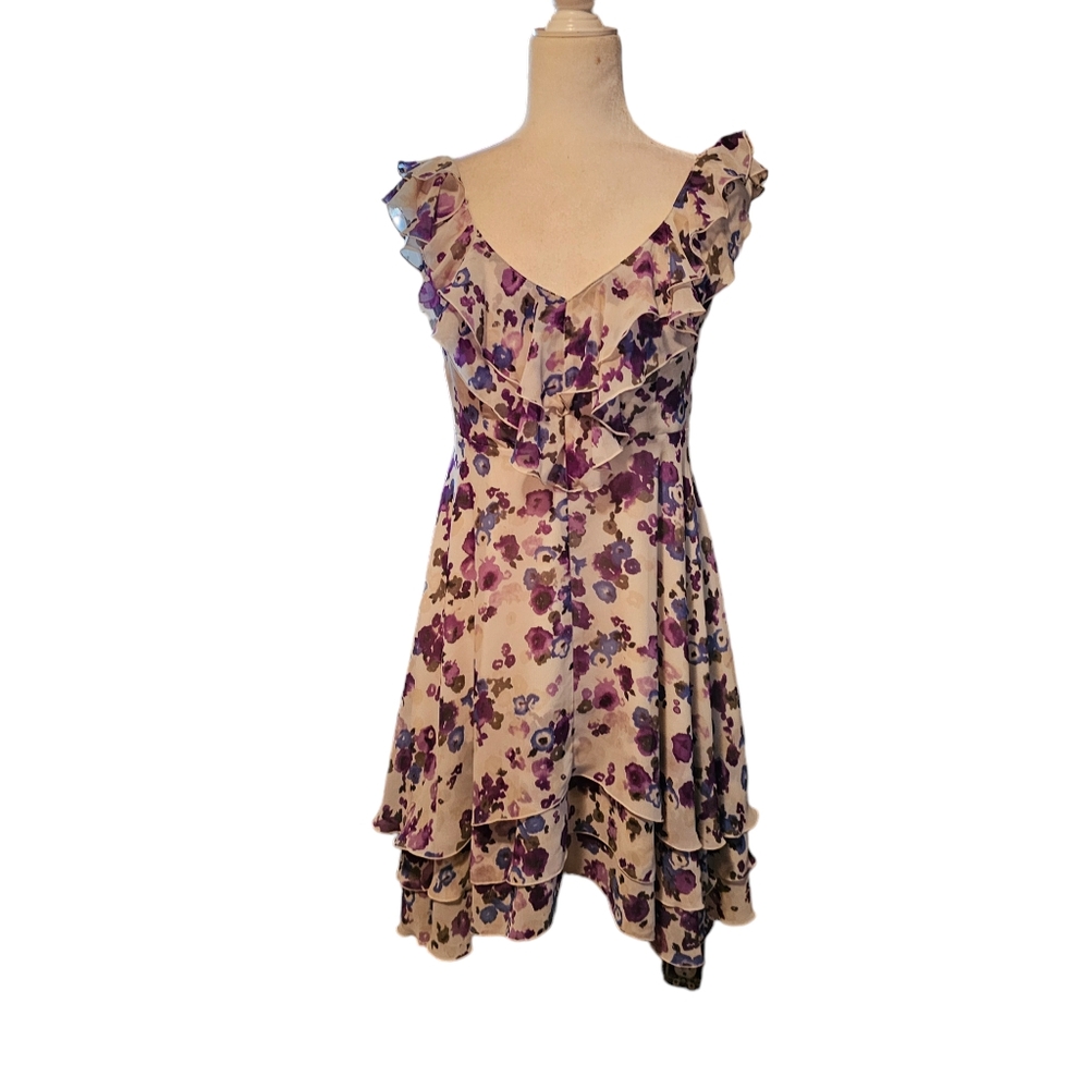 Lauren Conrad Ruffle Mini Dress Romantic Floral Water Color Print Womens Size 6